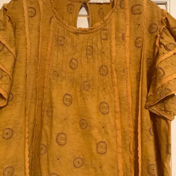 anthropology MUSTARD YELLOW FLATTER SLEEVE EYELET EMBROIDERED COTTON - Picture 14 of 15